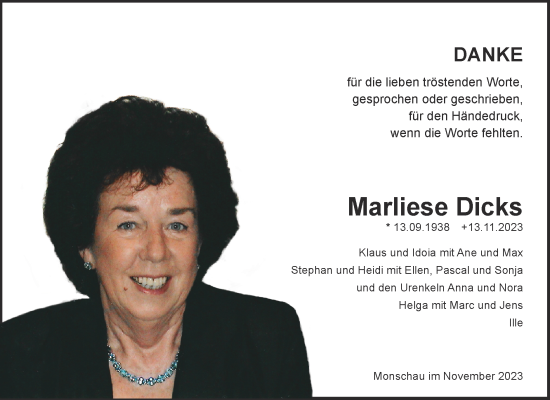 Traueranzeige von Marliese Dicks von Zeitung am Sonntag
