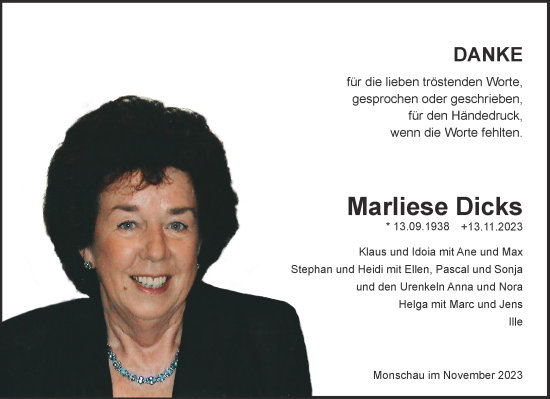Traueranzeige von Marliese Dicks von Aachener Zeitung