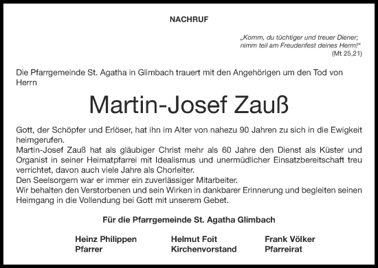 Traueranzeige von Martin-Josef Zauß von Zeitung am Sonntag