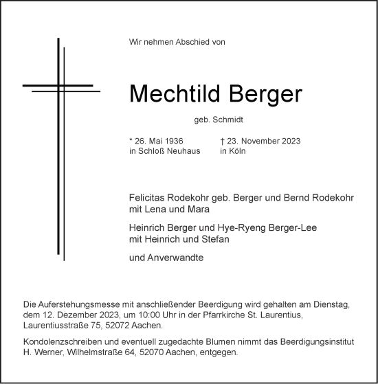 Traueranzeige von Mechtild Berger von Aachener Zeitung