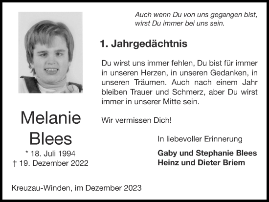 Traueranzeige von Melanie Blees von Zeitung am Sonntag