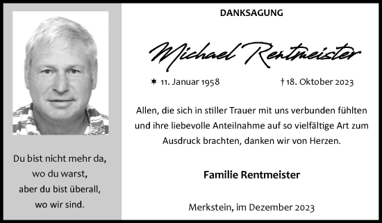 Traueranzeige von Michael Rentmeister von Zeitung am Sonntag