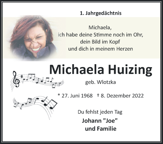 Traueranzeige von Michaela Huizing von Zeitung am Sonntag