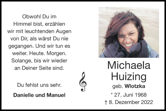 Traueranzeige von Michaela Huizing von Zeitung am Sonntag