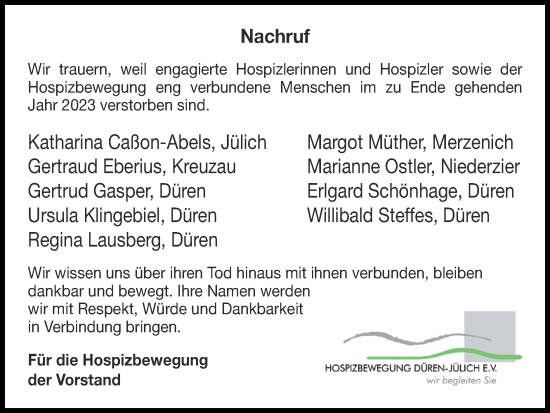 Traueranzeige von Nachruf Hospizbewegung Düren-Jülich e.V. von Zeitung am Sonntag