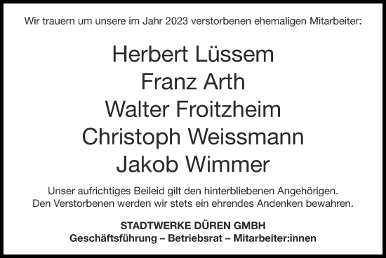 Traueranzeige von Nachruf STADTWERKE DÜREN GMBH von Zeitung am Sonntag