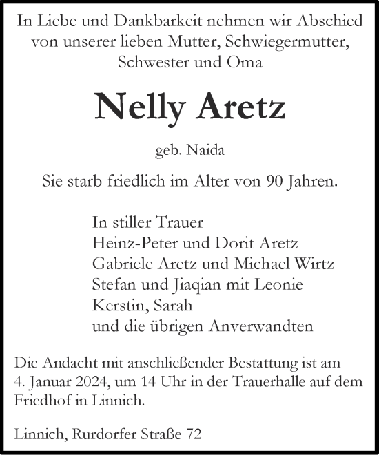 Traueranzeige von Nelly Aretz von Zeitung am Sonntag