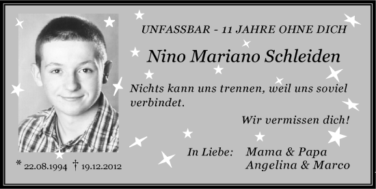 Traueranzeige von Nino Mariano Schleiden von Zeitung am Sonntag