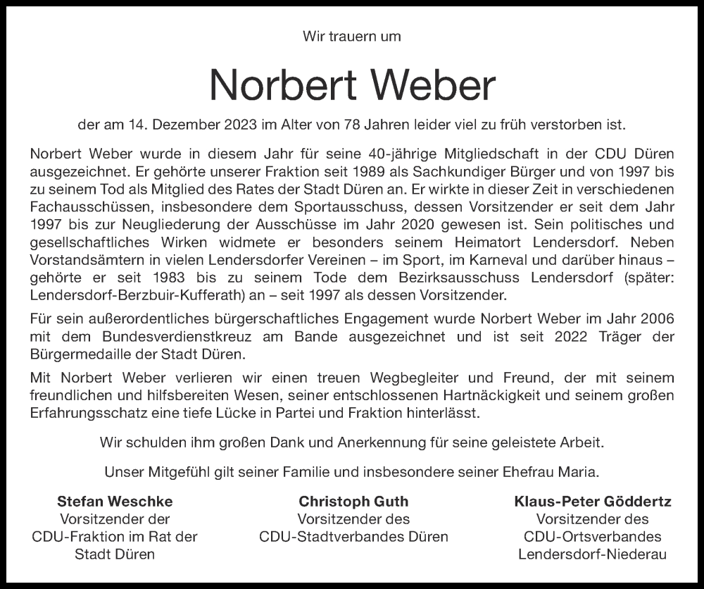  Traueranzeige für Norbert Weber vom 31.12.2023 aus Zeitung am Sonntag