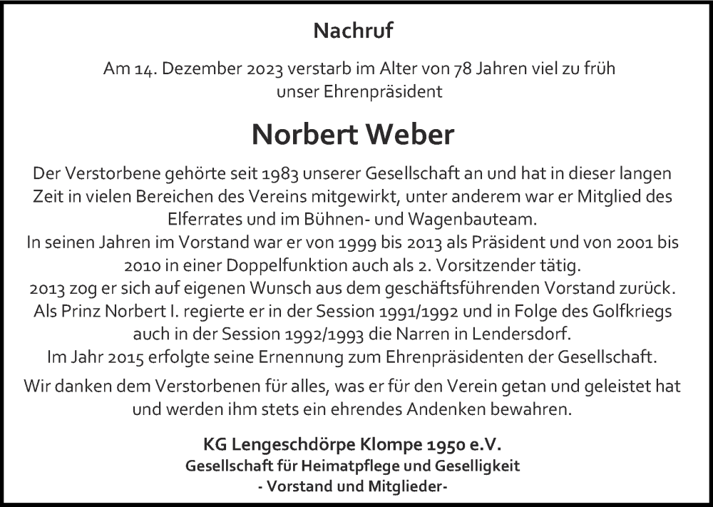  Traueranzeige für Norbert Weber vom 31.12.2023 aus Zeitung am Sonntag