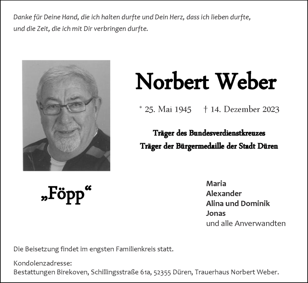  Traueranzeige für Norbert Weber vom 31.12.2023 aus Zeitung am Sonntag