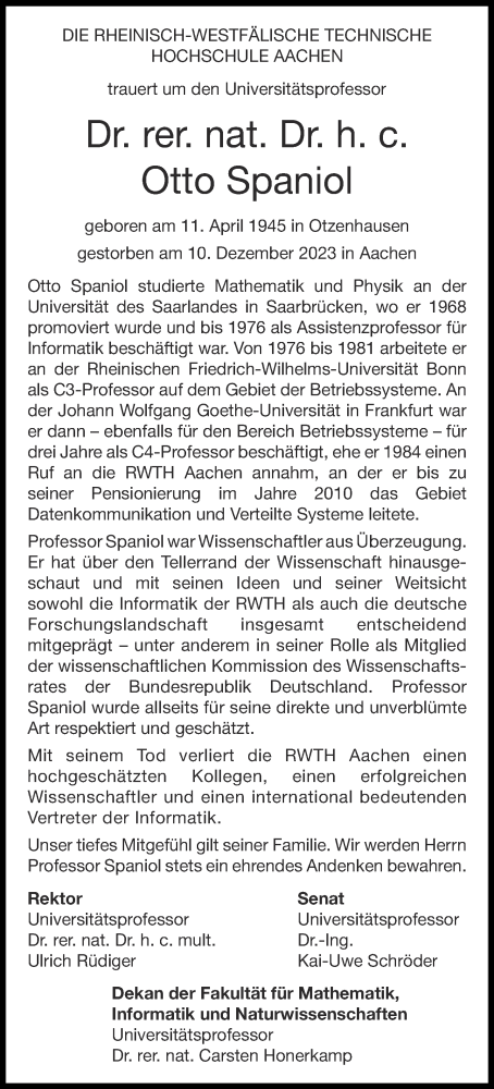 Traueranzeige von Otto Spaniol von Aachener Zeitung