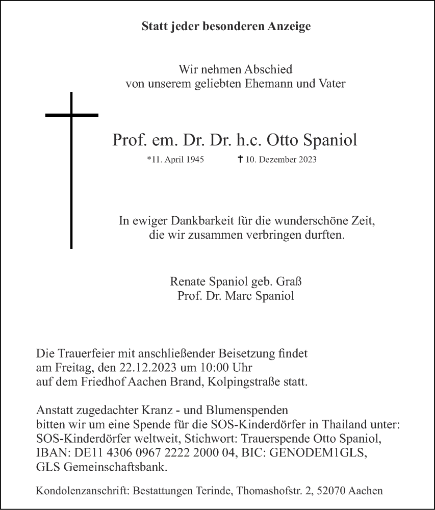  Traueranzeige für Otto Spaniol vom 17.12.2023 aus Zeitung am Sonntag