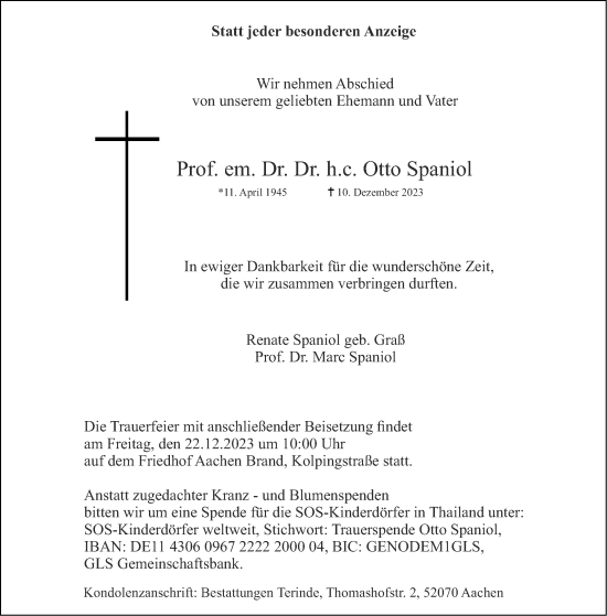 Traueranzeige von Otto Spaniol von Aachener Zeitung