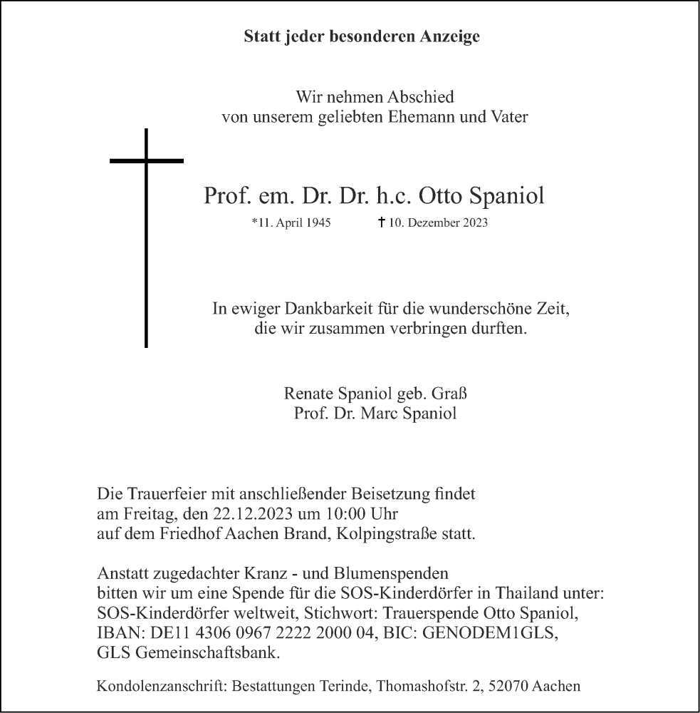  Traueranzeige für Otto Spaniol vom 16.12.2023 aus Aachener Zeitung