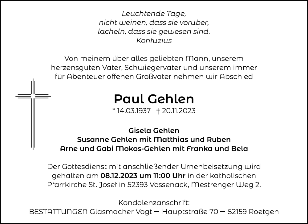  Traueranzeige für Paul Gehlen vom 02.12.2023 aus Aachener Zeitung