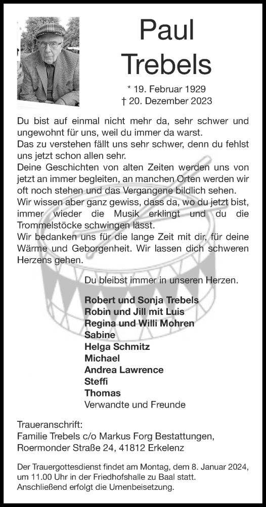 Traueranzeige von Paul Trebels von Zeitung am Sonntag