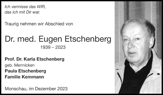 Traueranzeige von Dr. med. Eugen Etschenberg von Aachener Zeitung