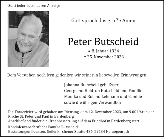 Traueranzeige von Peter Butscheid von Zeitung am Sonntag