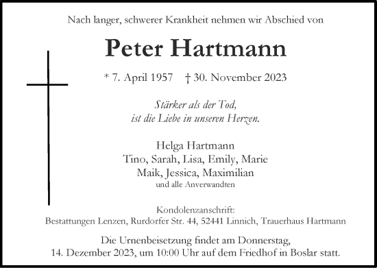 Traueranzeige von Peter Hartmann von Zeitung am Sonntag
