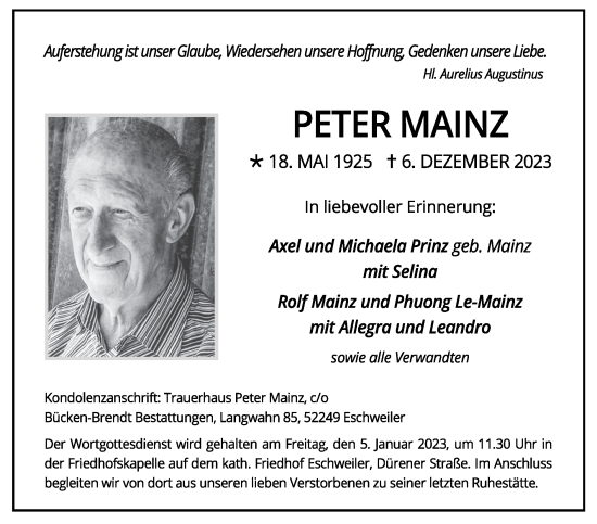 Traueranzeige von Peter Mainz von Zeitung am Sonntag