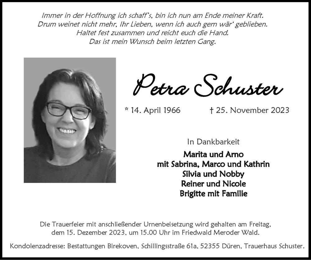  Traueranzeige für Petra Schuster vom 03.12.2023 aus Zeitung am Sonntag