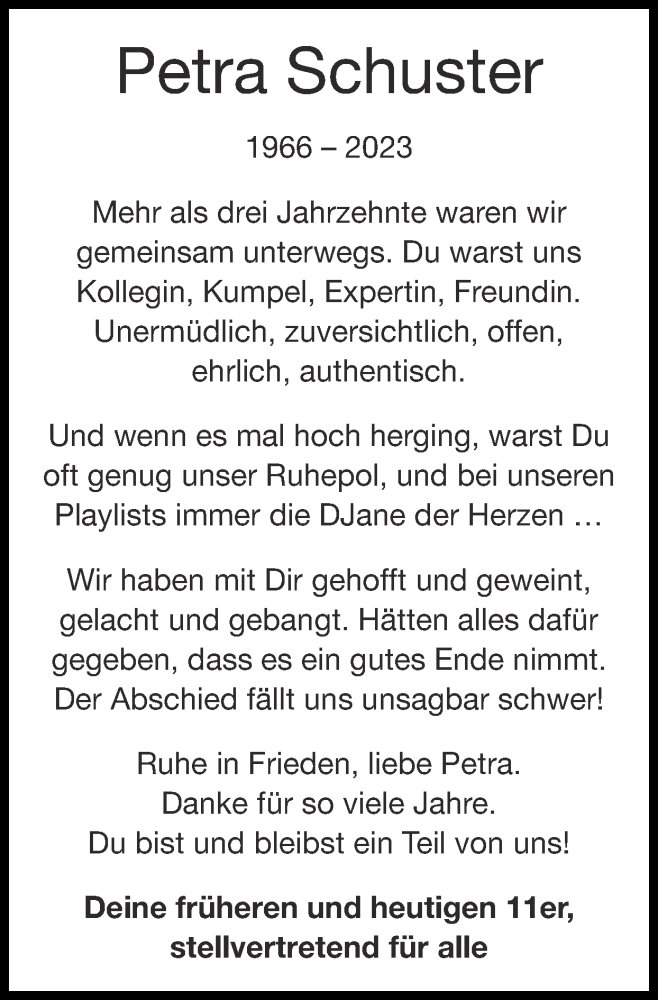  Traueranzeige für Petra Schuster vom 10.12.2023 aus Zeitung am Sonntag