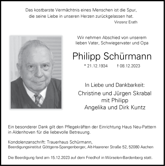Traueranzeige von Philipp Schürmann von Zeitung am Sonntag