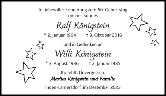 Traueranzeige von Ralf Königstein von Zeitung am Sonntag