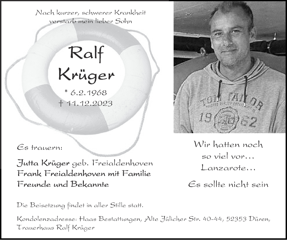  Traueranzeige für Ralf Krüger vom 31.12.2023 aus Zeitung am Sonntag