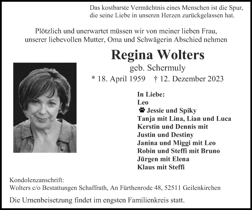  Traueranzeige für Regina Wolters vom 17.12.2023 aus Zeitung am Sonntag