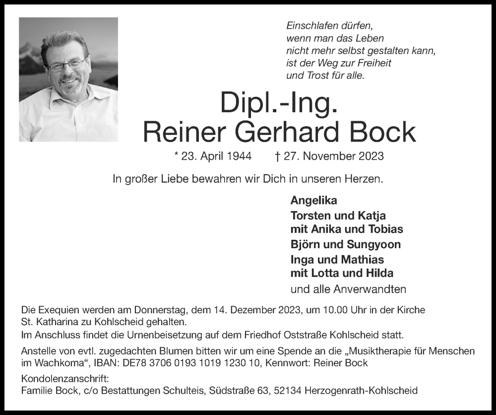  Traueranzeige für Reiner Gerhard Bock vom 10.12.2023 aus Zeitung am Sonntag