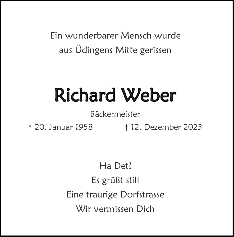  Traueranzeige für Richard Weber vom 24.12.2023 aus Zeitung am Sonntag