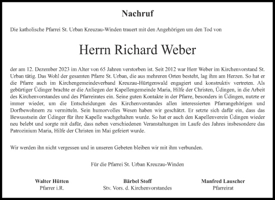 Traueranzeige von Richard Weber von Aachener Zeitung