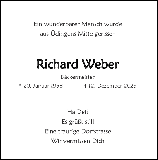 Traueranzeige von Richard Weber von Zeitung am Sonntag