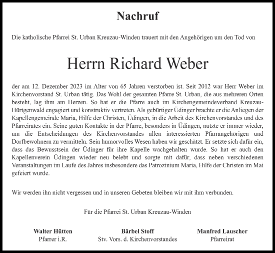 Traueranzeige von Richard Weber von Zeitung am Sonntag