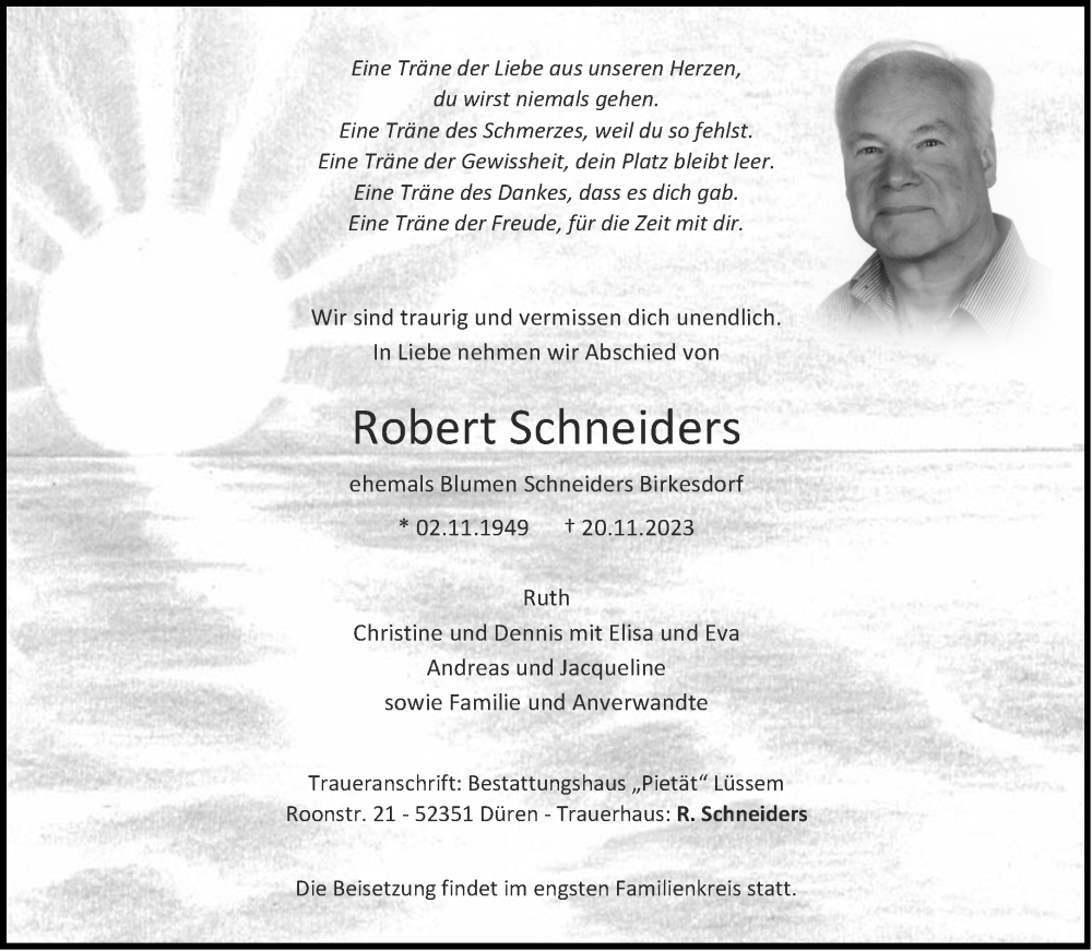  Traueranzeige für Robert Schneiders vom 09.12.2023 aus Aachener Zeitung