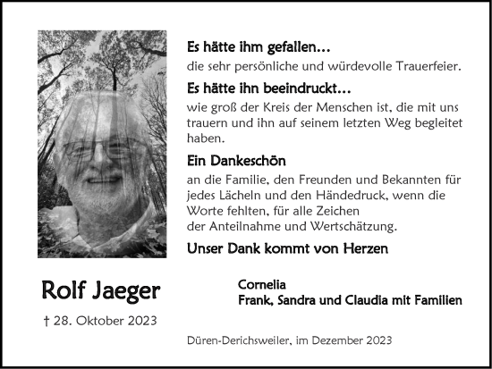 Traueranzeige von Rolf Jaeger von Zeitung am Sonntag