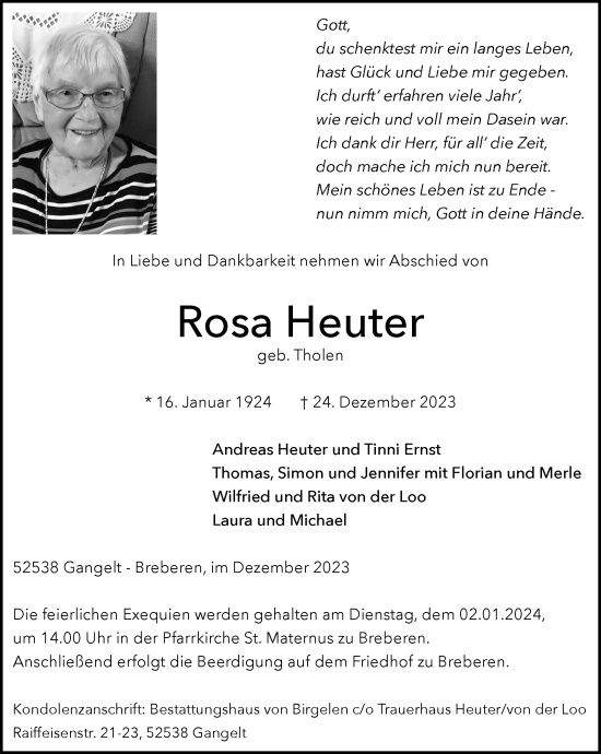 Traueranzeige von Rosa Heuter von Zeitung am Sonntag