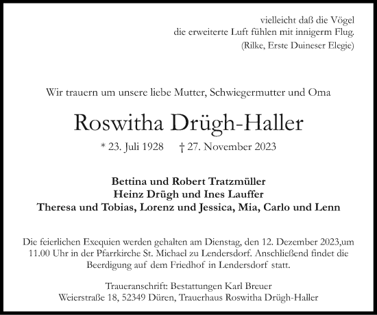 Traueranzeige von Roswitha Drügh-Haller von Zeitung am Sonntag