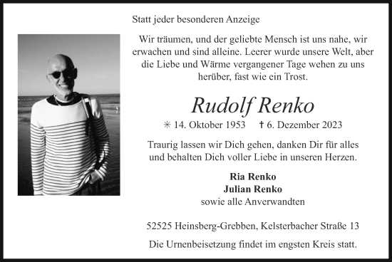 Traueranzeige von Rudolf Renko von Zeitung am Sonntag