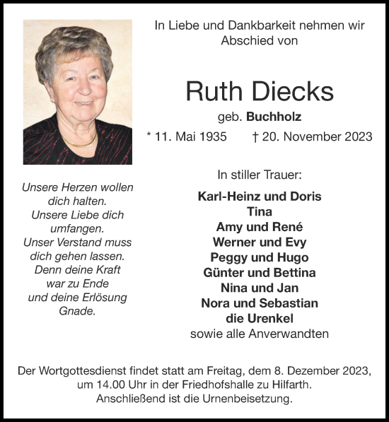 Traueranzeige von Ruth Diecks von Zeitung am Sonntag