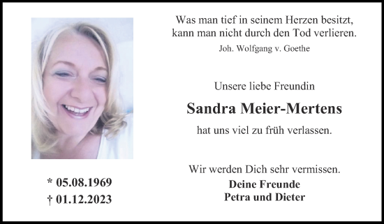 Traueranzeige von Sandra Meier-Mertens von Zeitung am Sonntag