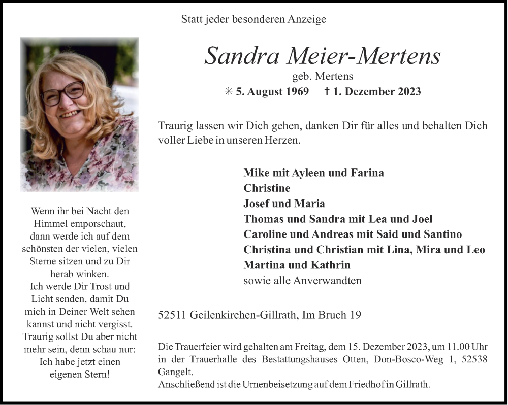  Traueranzeige für Sandra Meier-Mertens vom 13.12.2023 aus Aachener Zeitung