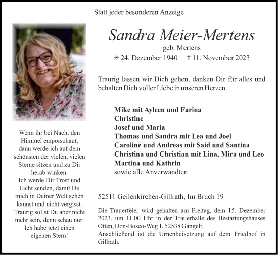 Traueranzeige von Sandra Meier-Mertens von Zeitung am Sonntag