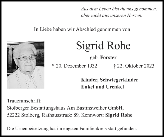 Traueranzeige von Sigrid Rohe von Zeitung am Sonntag