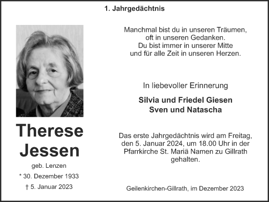 Traueranzeige von Therese Jessen von Zeitung am Sonntag