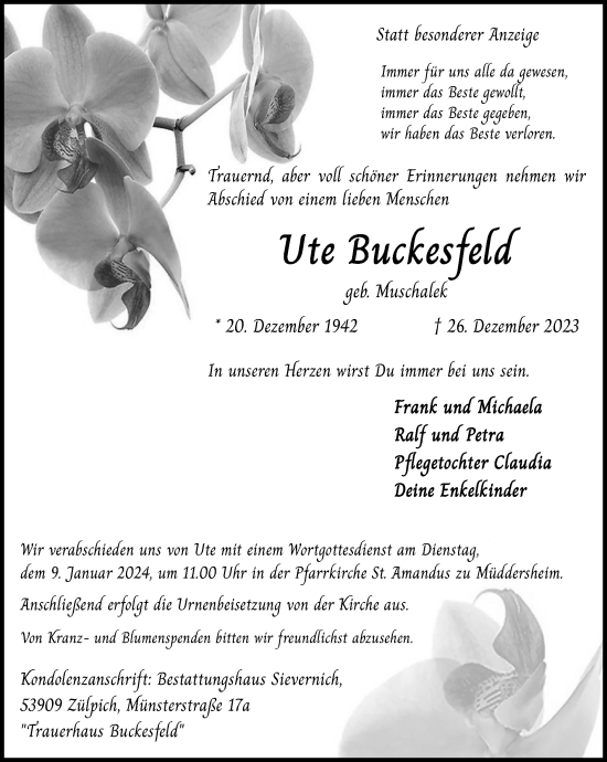 Traueranzeige von Ute Buckesfeld von Zeitung am Sonntag
