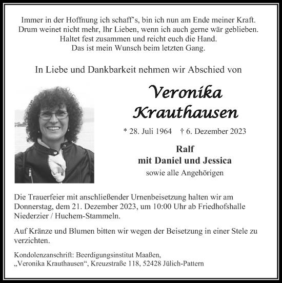 Traueranzeige von Veronika Krauthausen von Zeitung am Sonntag