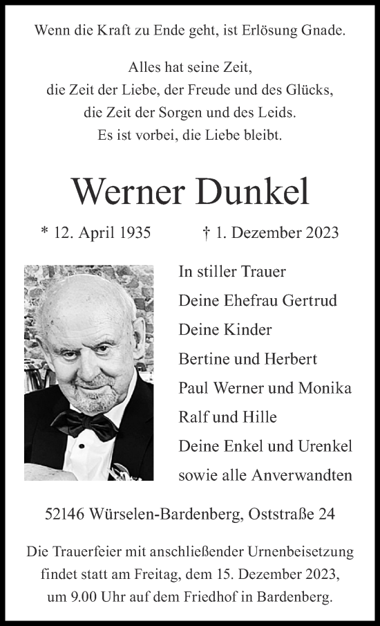 Traueranzeige von Werner Dunkel von Zeitung am Sonntag